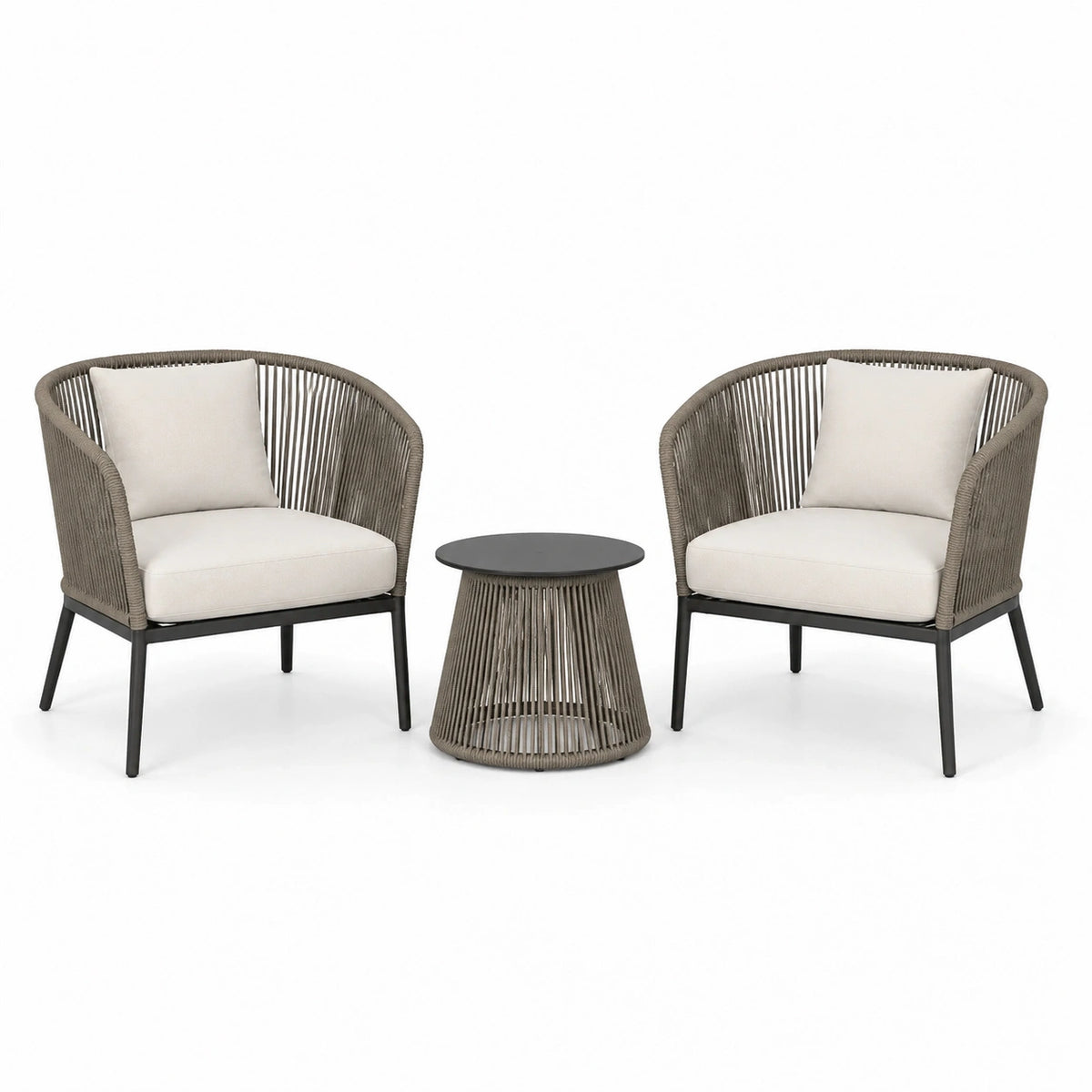 3-teiliges Outdoor-Set mit 2 Sesseln 68 × 70 × 78 cm und rundem Beistelltisch Ø 45 × 48 cm in Taupe, Beige und Schwarz