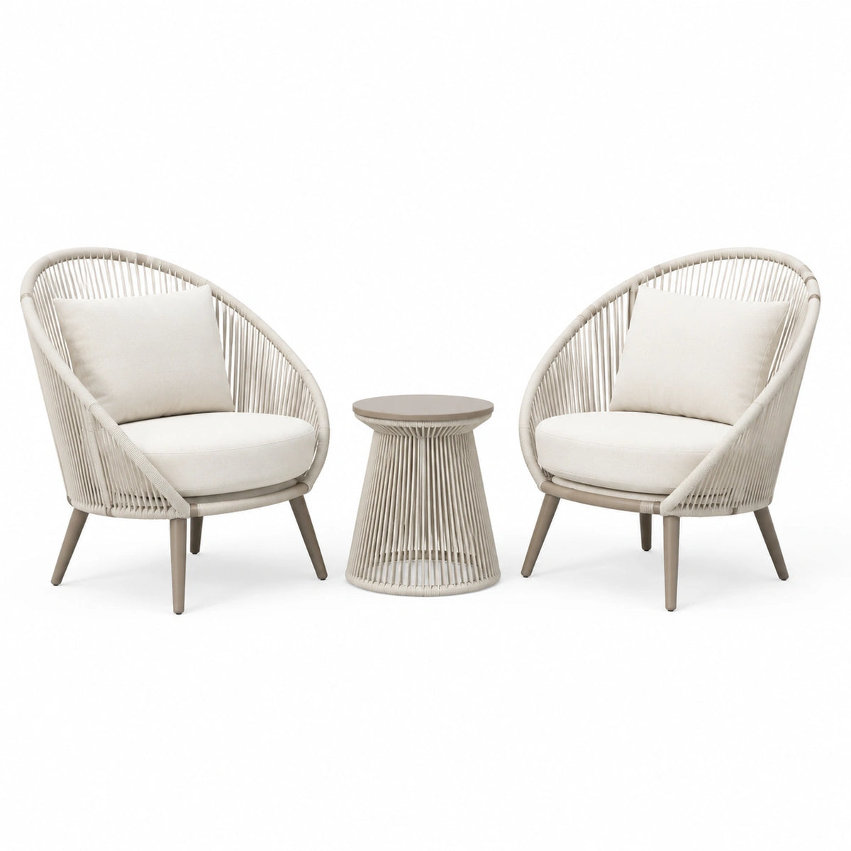 Beiges 3-teiliges Gartenmöbel-Set mit 2 Sesseln und rundem Beistelltisch, Sessel 75 × 75 × 85 cm, Tisch 45 × 50 cm