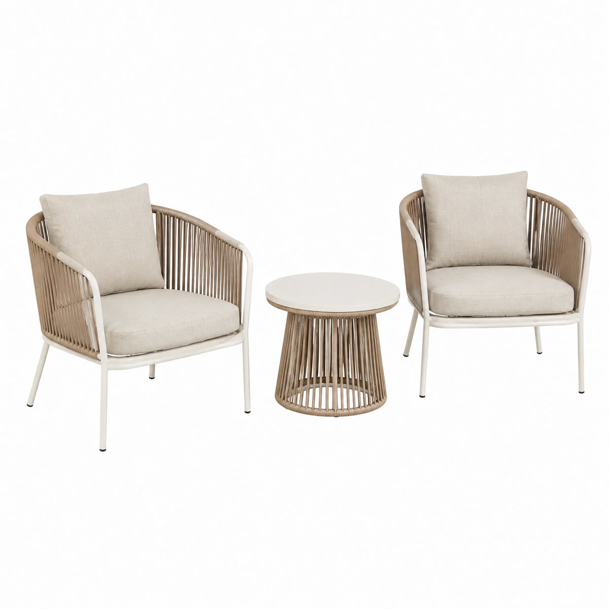 3-teiliges Garten-Lounge-Set in Beige/Weiß mit Seilgeflecht, 2 Sessel 70 × 70 × 76 cm und Tisch 60 × 60 × 45 cm