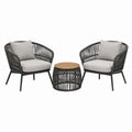 3-teiliges Gartenmöbel-Set mit 2 Sesseln und rundem Tisch, Schwarz/Grau/Naturholz, Sessel 74 × 72 × 78 cm, Tisch Ø 55 × 42 cm