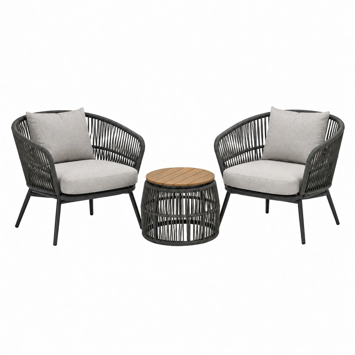 3-teiliges Gartenmöbel-Set mit 2 Sesseln und rundem Tisch, Schwarz/Grau/Naturholz, Sessel 74 × 72 × 78 cm, Tisch Ø 55 × 42 cm