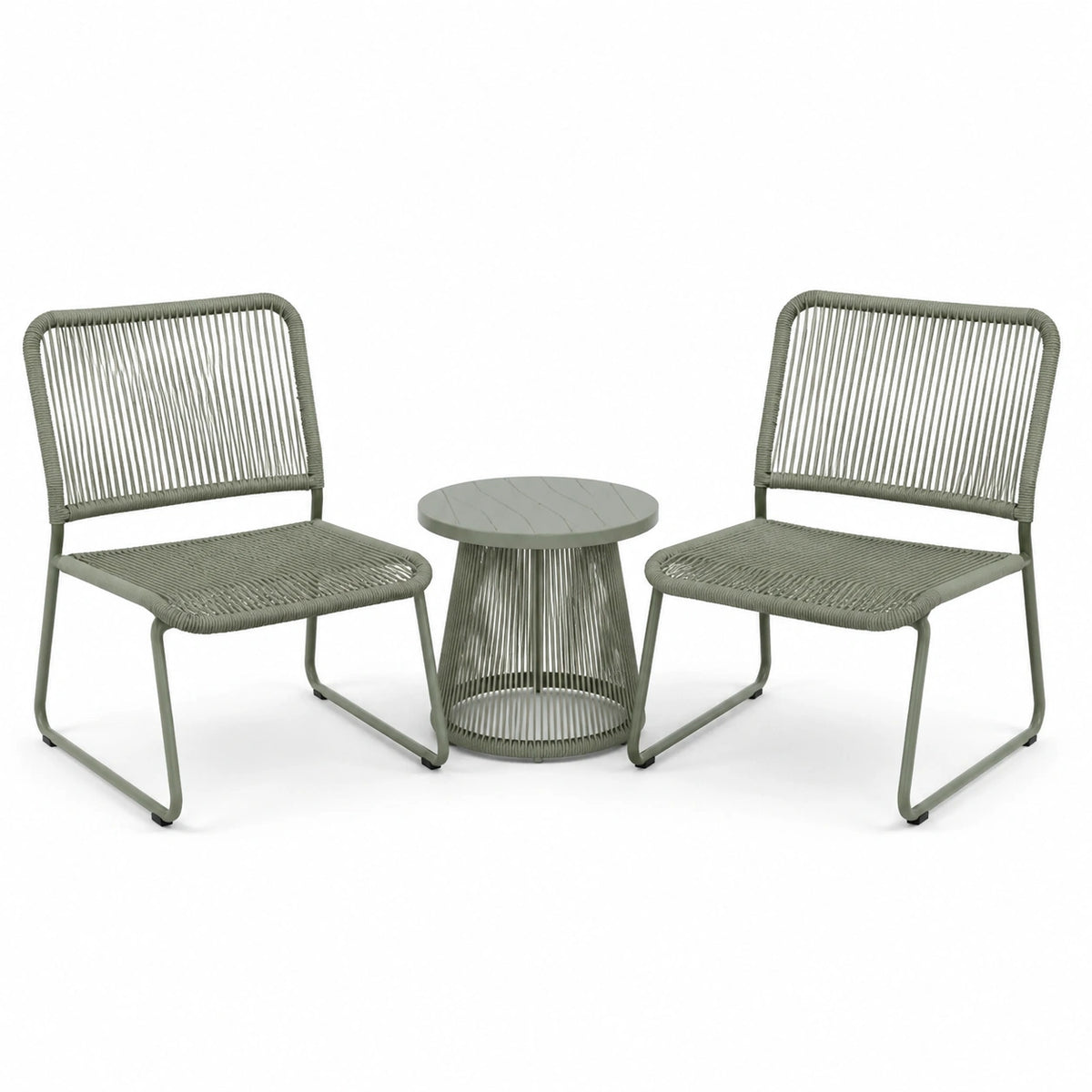3-teiliges Set in Grün mit 2 Stühlen und rundem Tisch, Stühle 58 × 62 × 82 cm, Tisch 60 × 60 × 75 cm