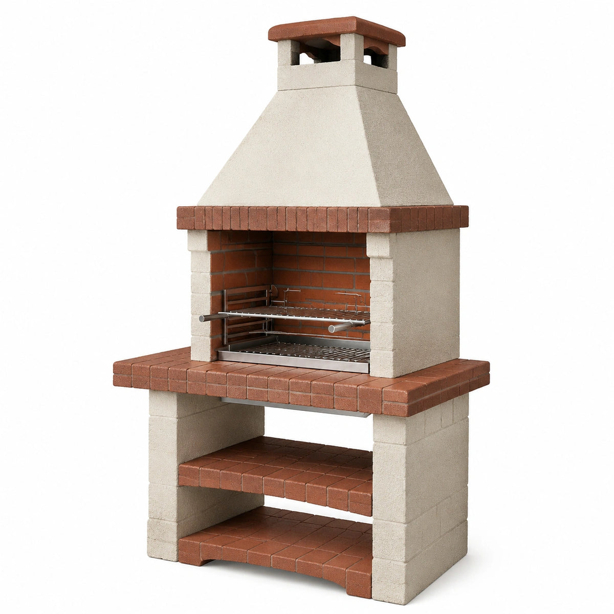 Gartengrillkamin aus Beton und Ziegeln, 120 × 70 × 210 cm, Rot/Beige mit Edelstahl-Grillrost