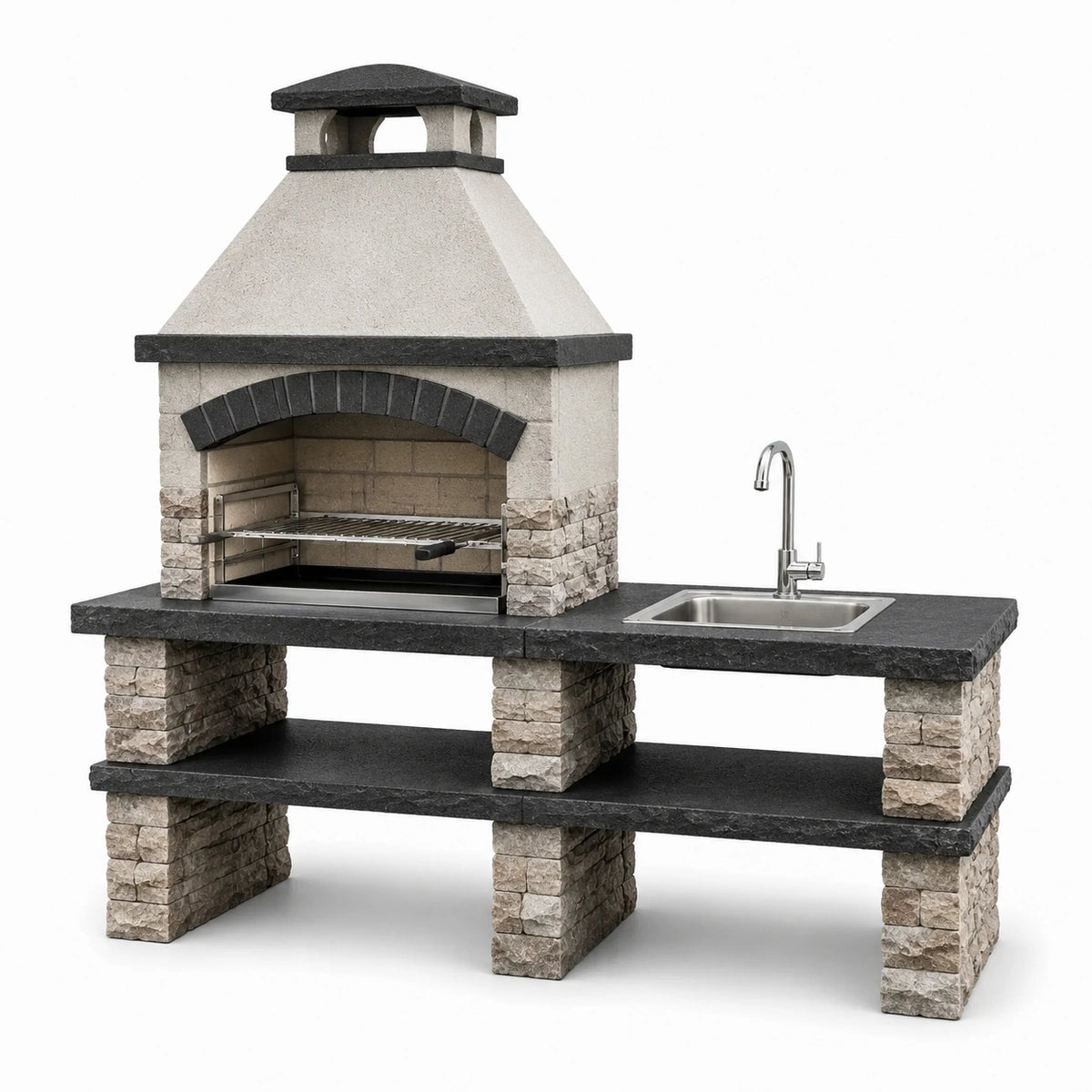 Naturstein-Grillstation mit Spüle, Arbeitsfläche und Grillrost, 240 × 70 × 230 cm, Grau/Schwarz/Silber