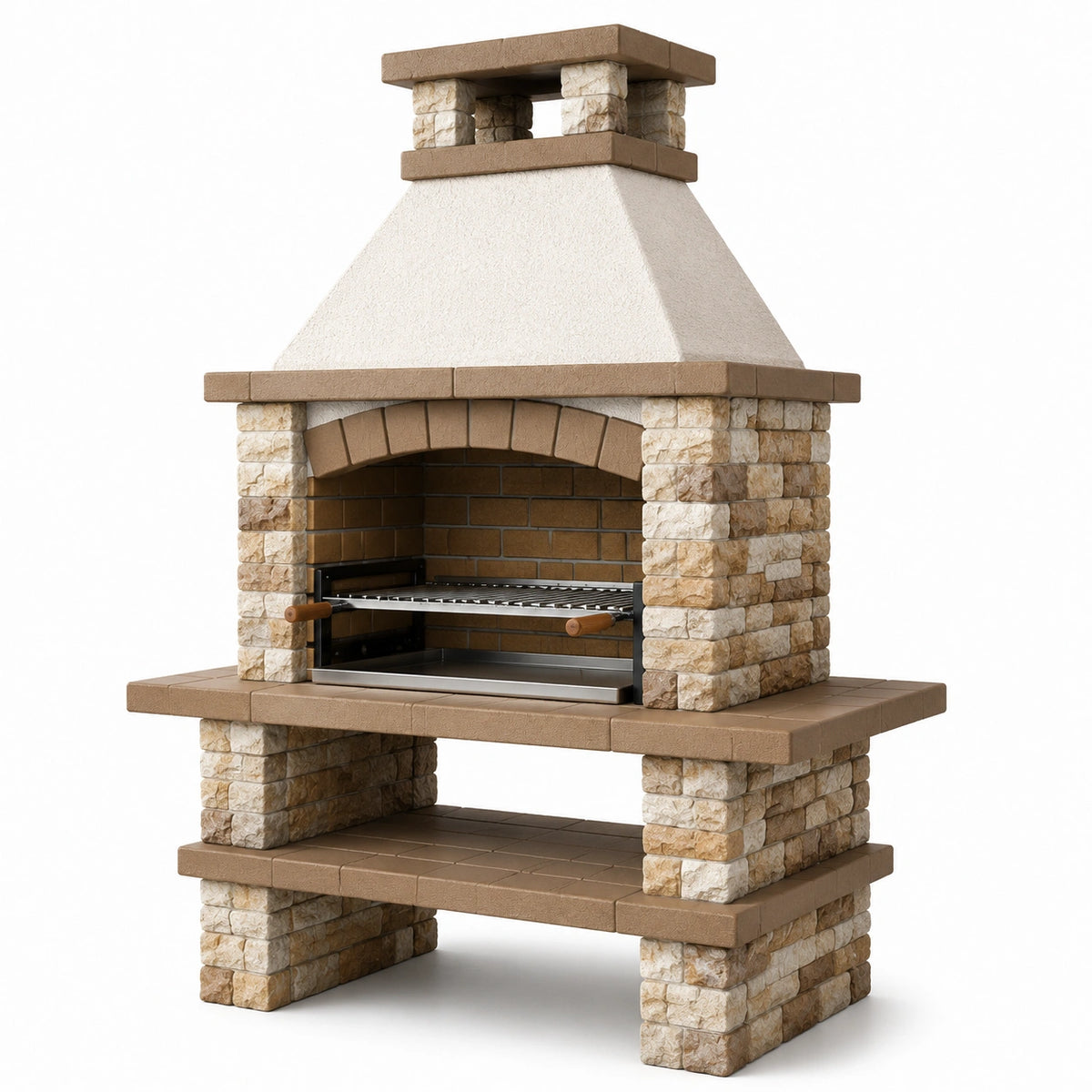 Gemauerter Gartengrill mit Kamin, Edelstahlrost und Ablagefach, 150 × 80 × 220 cm, Beige/Braun/Silber