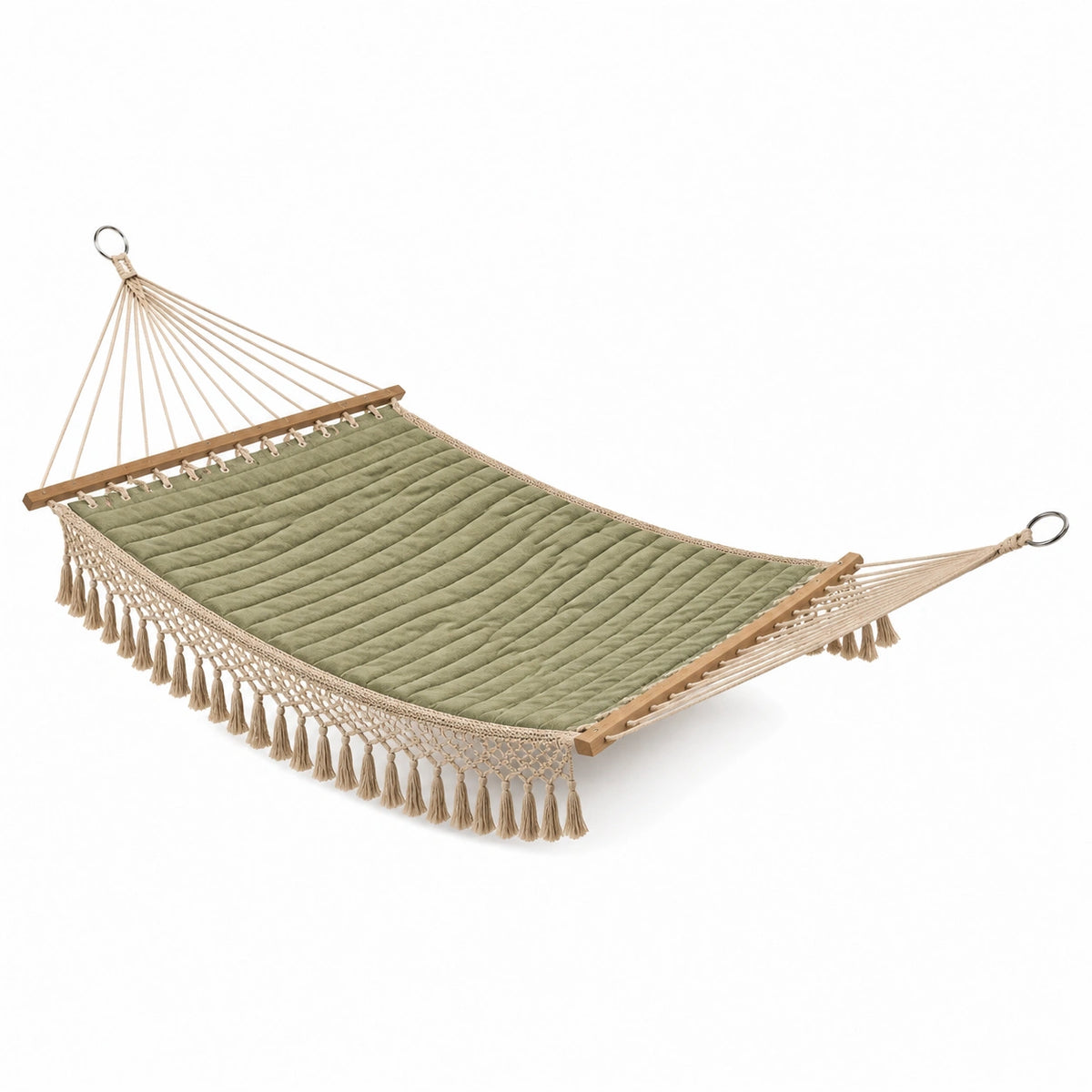 Gepolsterte Hängematte 200 x 120 x 5 cm in Grün, Beige und Braun mit Holzstreben und Quasten
