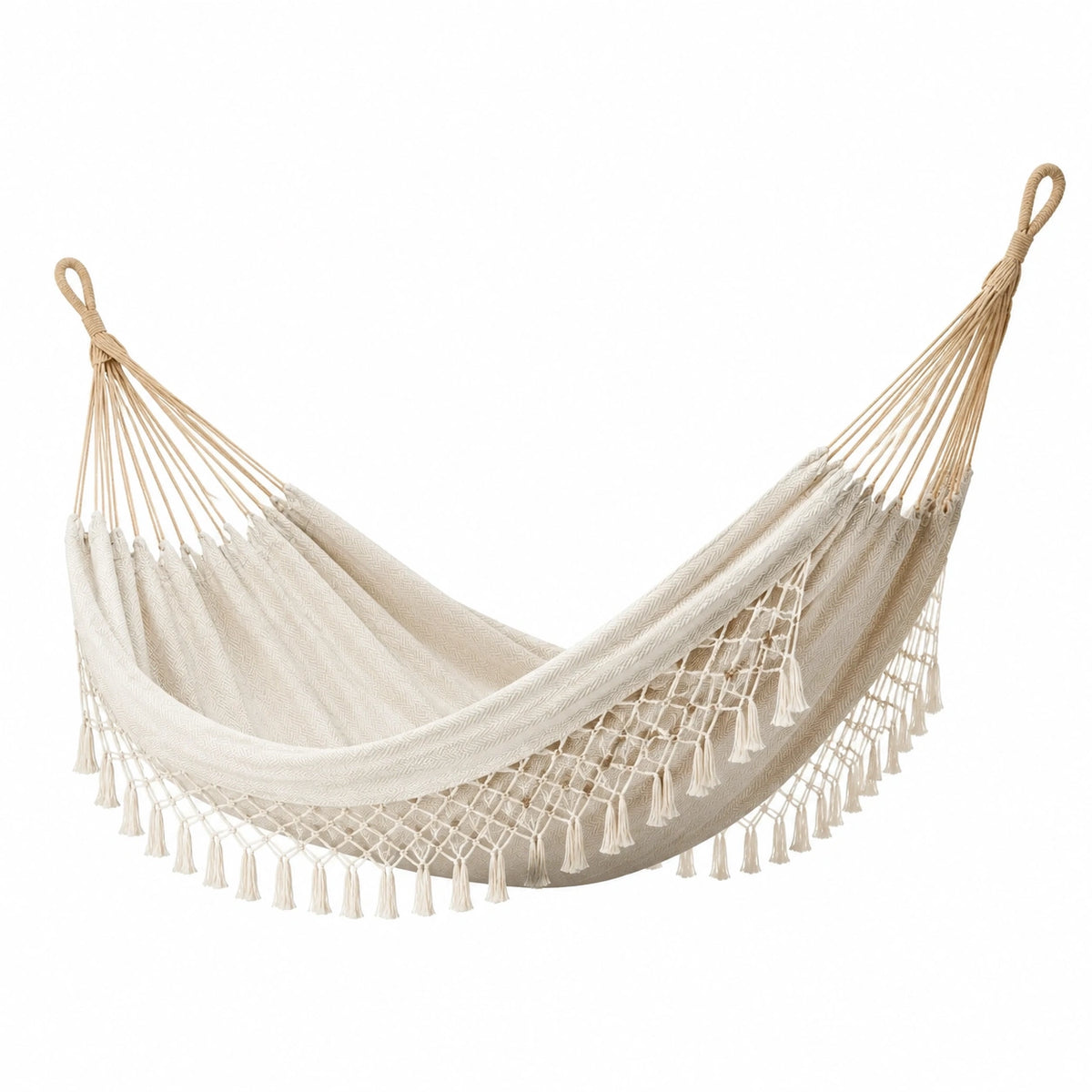 Cremefarbene Baumwoll-Hängematte im Boho-Stil mit Makramee-Fransen, 300 × 100 × 5 cm
