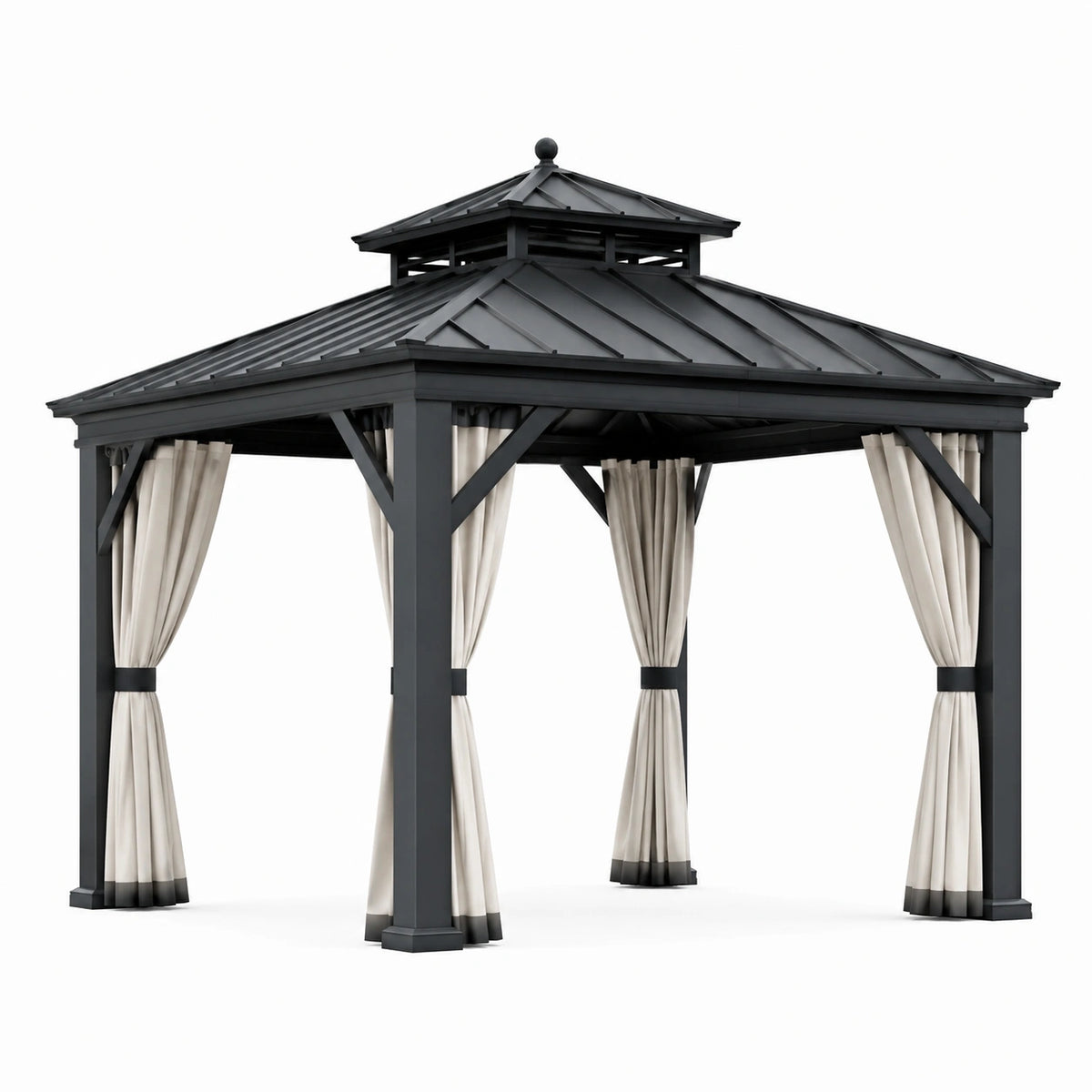 Pavillon 300 × 300 × 300 cm aus Stahl in Anthrazit mit beigen Vorhängen