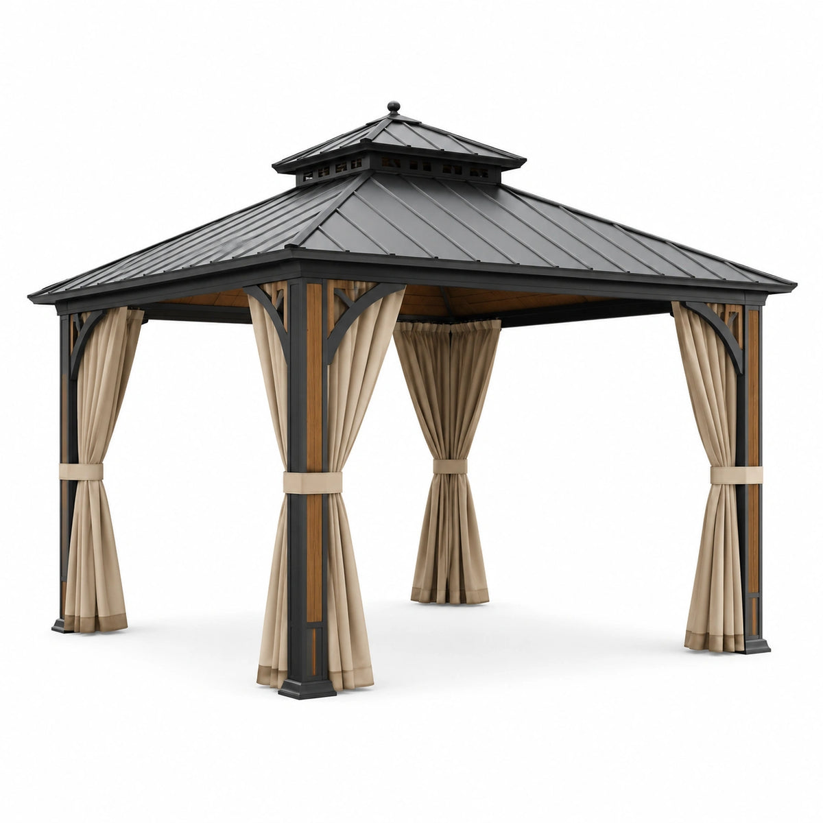 Pavillon 300 × 300 × 300 cm aus Metall in Schwarz/Braun mit beigen Seitenvorhängen