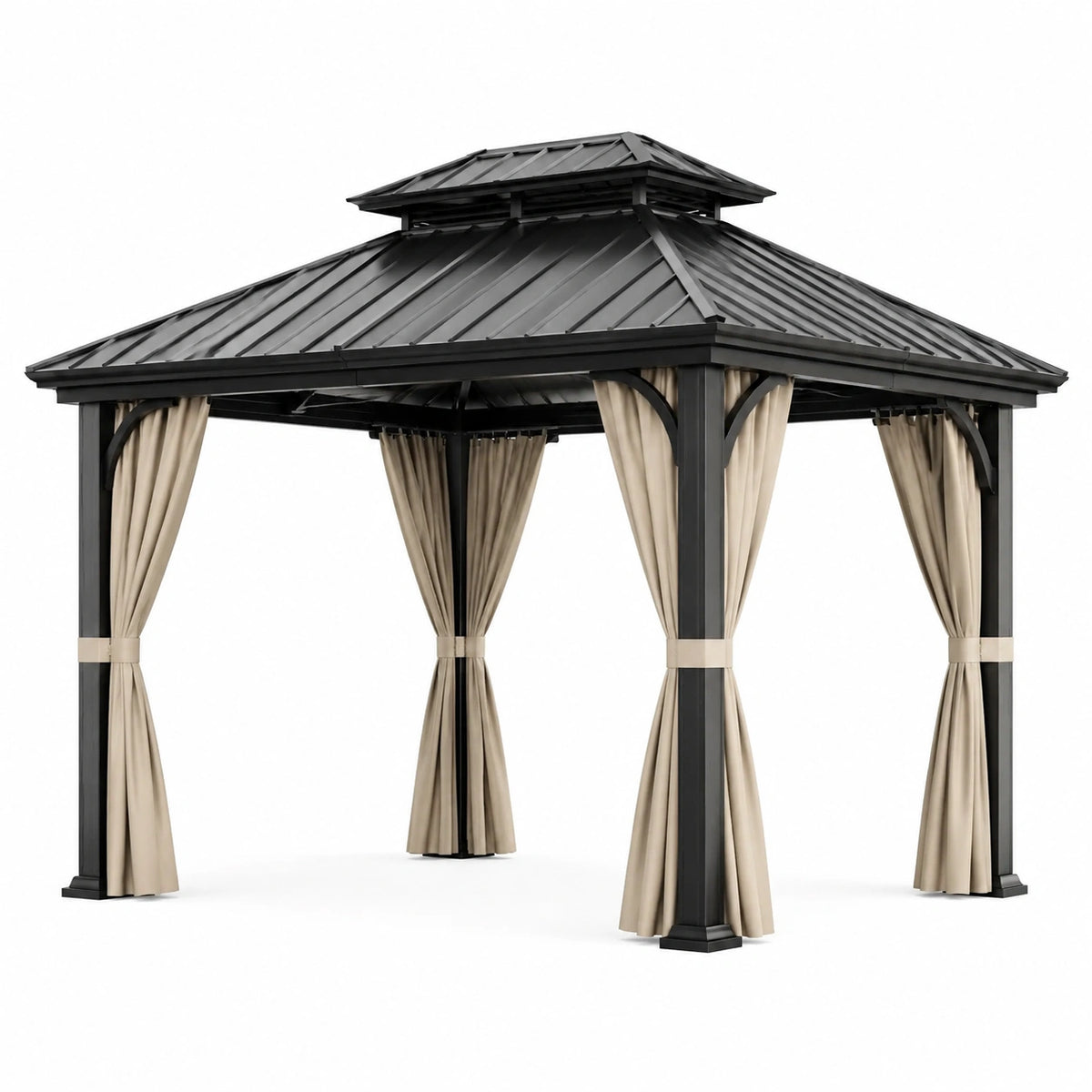 Freistehende Metallüberdachung 300 × 300 × 290 cm in Schwarz/Beige mit Seitenvorhängen