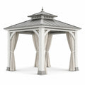 Gartenpavillon 300 × 300 × 330 cm Weiß/Grau/Beige aus Holz, Metall und Polyester mit Vorhängen und Metalldach