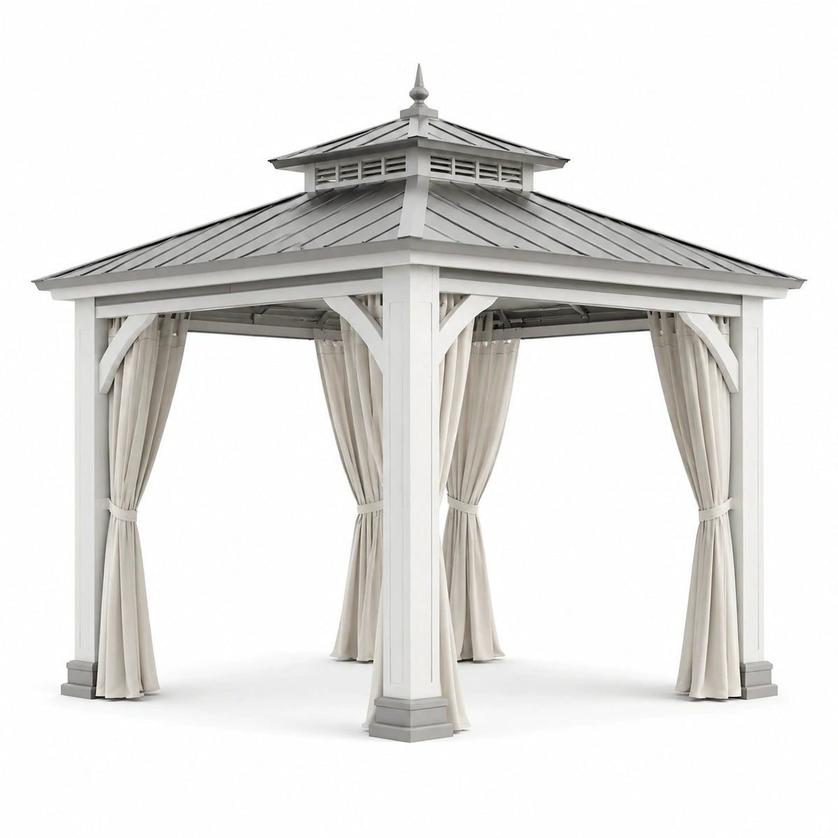 Gartenpavillon 300 × 300 × 330 cm Weiß/Grau/Beige aus Holz, Metall und Polyester mit Vorhängen und Metalldach