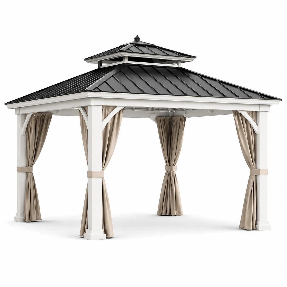 Klassischer Gartenpavillon 300 × 300 × 320 cm mit Vorhängen, Weiß/Schwarz/Beige