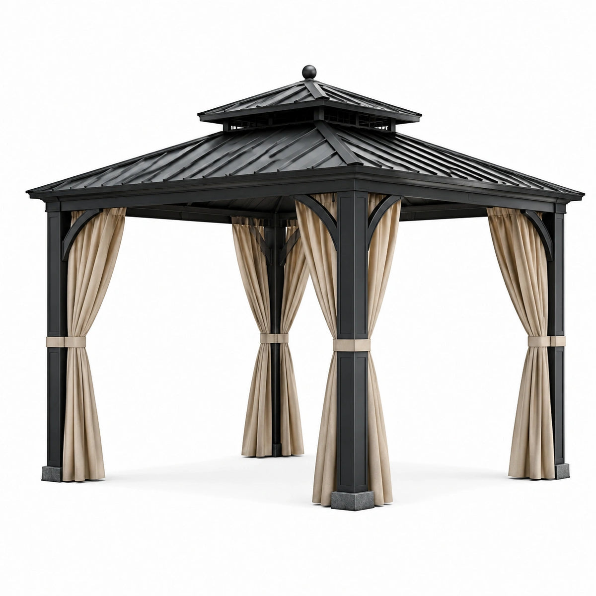 Metallpavillon 300 × 300 × 300 cm Schwarz mit beigen Vorhängen und festem Metalldach