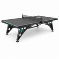 Tischtennisplatte in Turniergröße 274 × 152,5 × 76 cm aus Holzwerkstoff und Metall, Schwarz/Türkis, mit Netz
