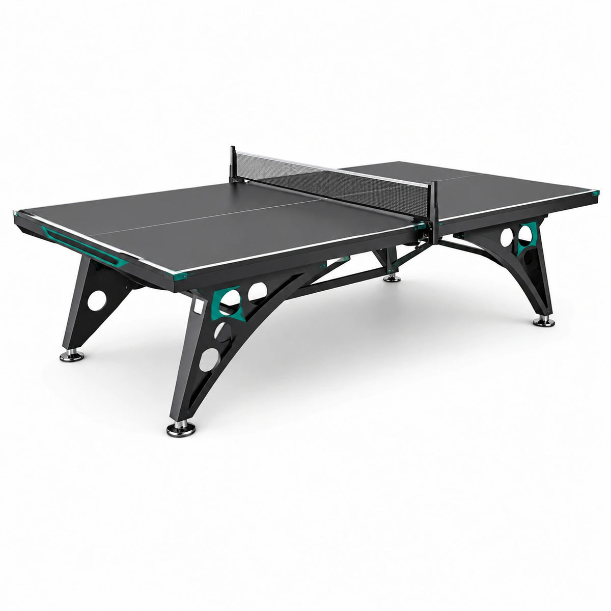 Tischtennisplatte in Turniergröße 274 × 152,5 × 76 cm aus Holzwerkstoff und Metall, Schwarz/Türkis, mit Netz