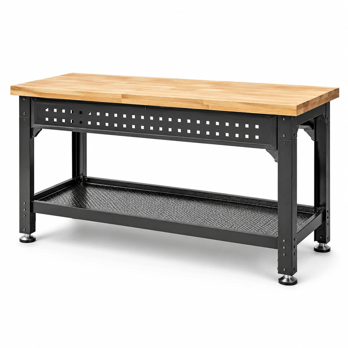 Werkbank im Industrie-Stil mit Holzplatte und Stahlgestell, 152 × 62 × 92 cm, Natur/Schwarz