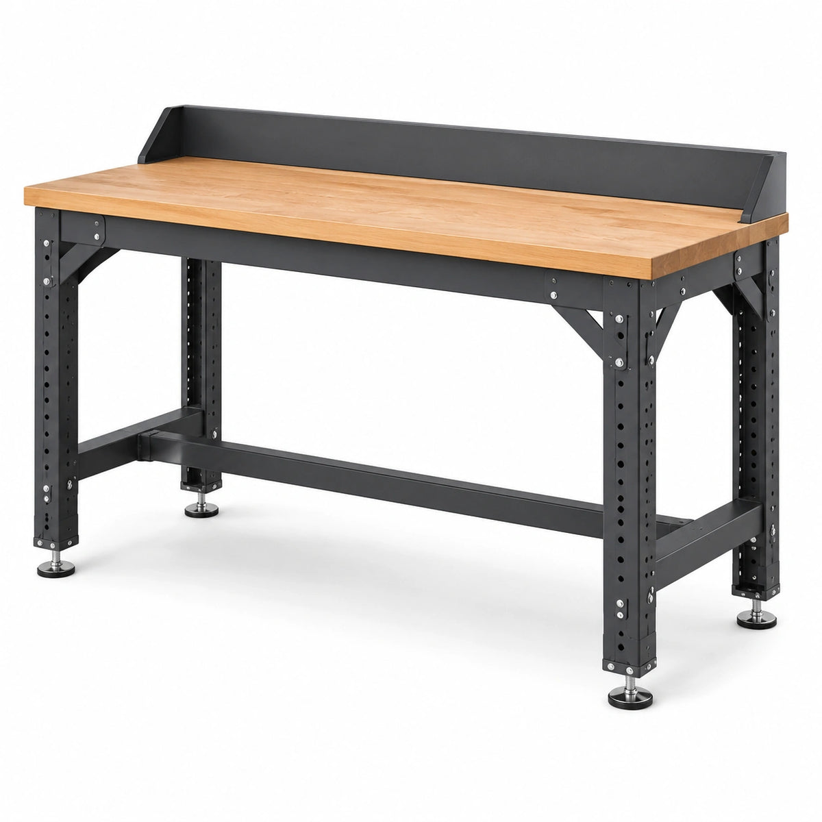 Werkbank aus Holz und Stahl mit Metallrückwand, 160 × 60 × 90 cm, Schwarz/Natur