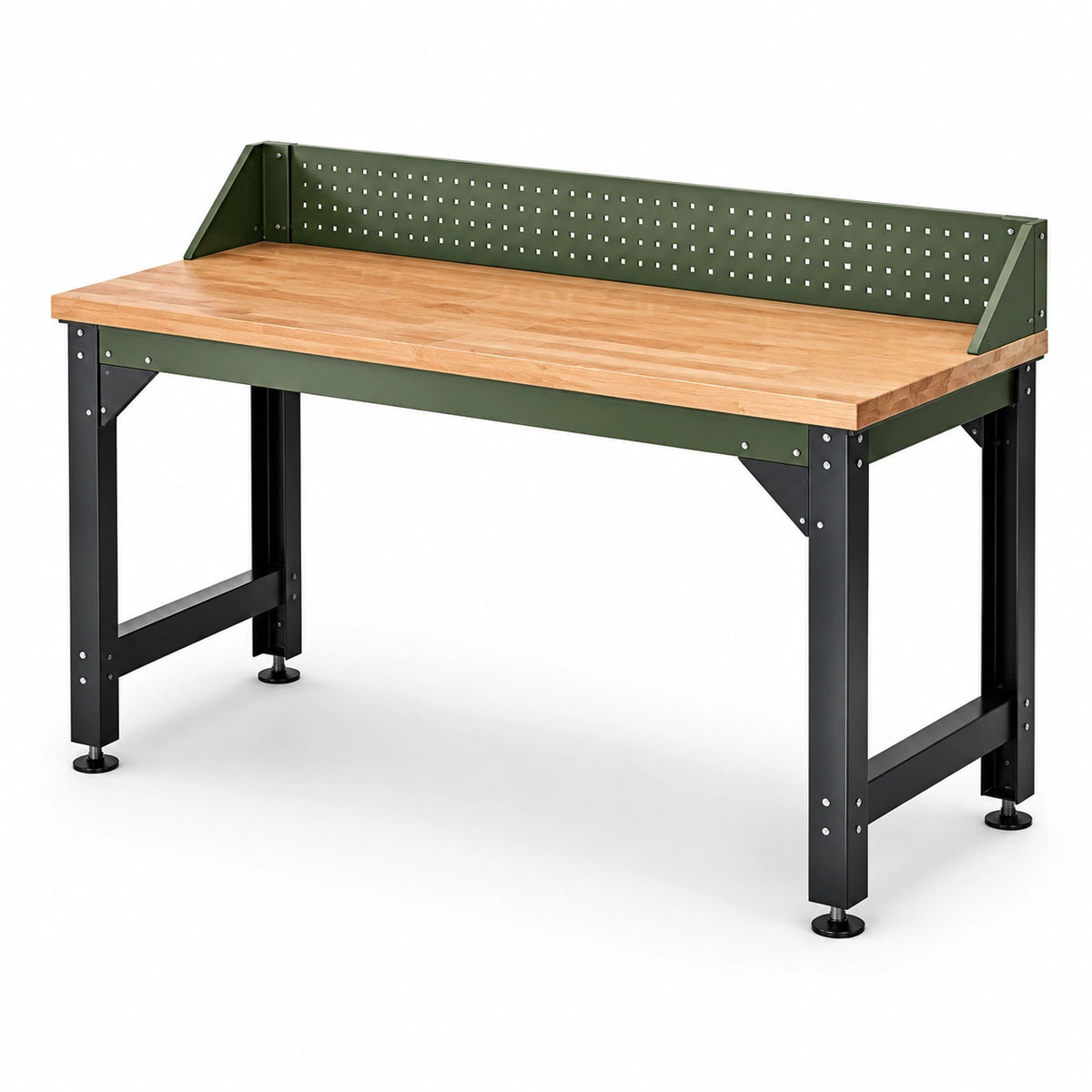 Werkbank im Industriestil 180 × 70 × 90 cm mit Holzarbeitsplatte und Lochrückwand, Naturholz/Grün/Schwarz