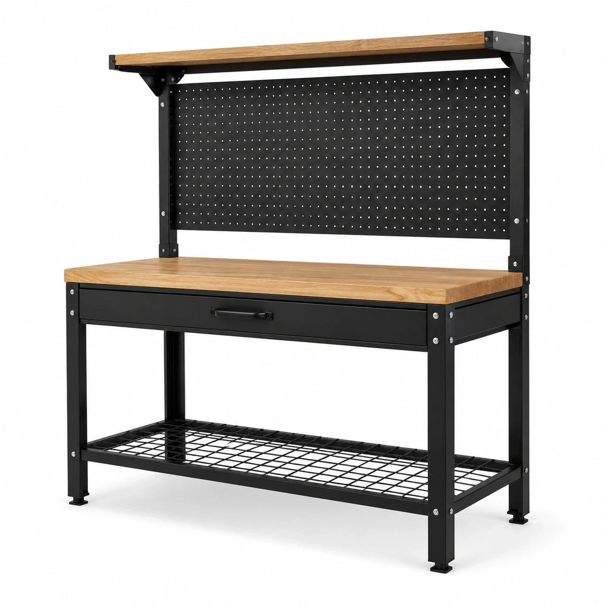 Werkbank 120 × 60 × 170 cm aus Metall und Holz in Schwarz/Natur mit Lochwand, Schublade und Ablagen