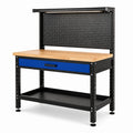 Stahl-Werkbank mit Holzarbeitsplatte, Lochwand, Schublade und LED-Leuchte, 120 × 60 × 170 cm, Schwarz/Blau/Natur
