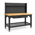 Werkbank 120 × 60 × 150 cm aus Stahl und Holz in Schwarz/Natur mit Lochwand, Schublade und Gitterablage