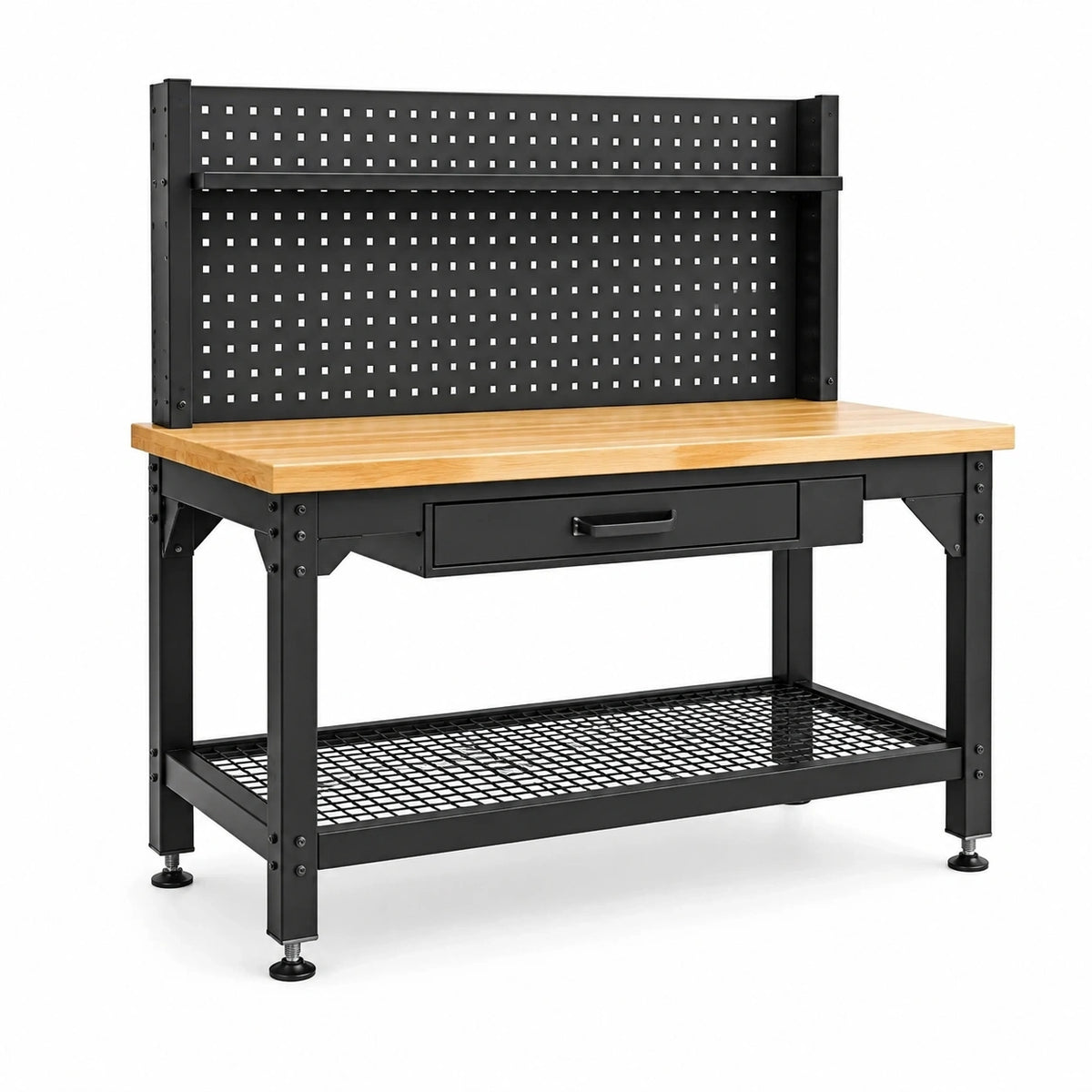 Werkbank 120 × 60 × 150 cm aus Stahl und Holz in Schwarz/Natur mit Lochwand, Schublade und Gitterablage
