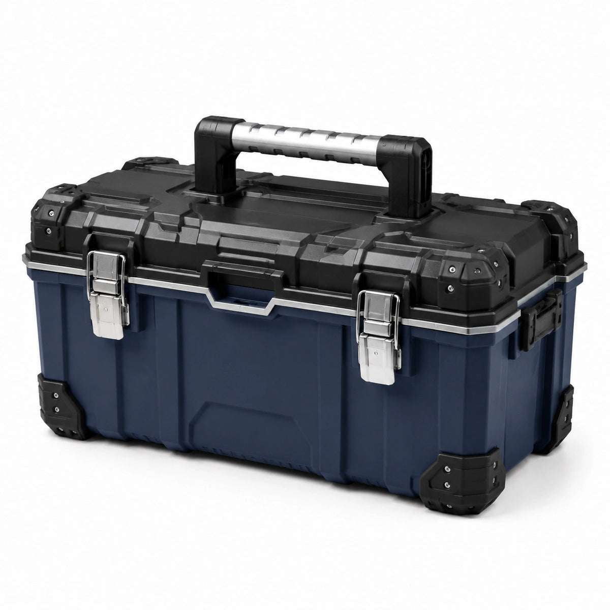 Kunststoff-Werkzeugkoffer 56 × 30 × 28 cm in Blau/Schwarz/Silber mit Metallverschlüssen und Tragegriff