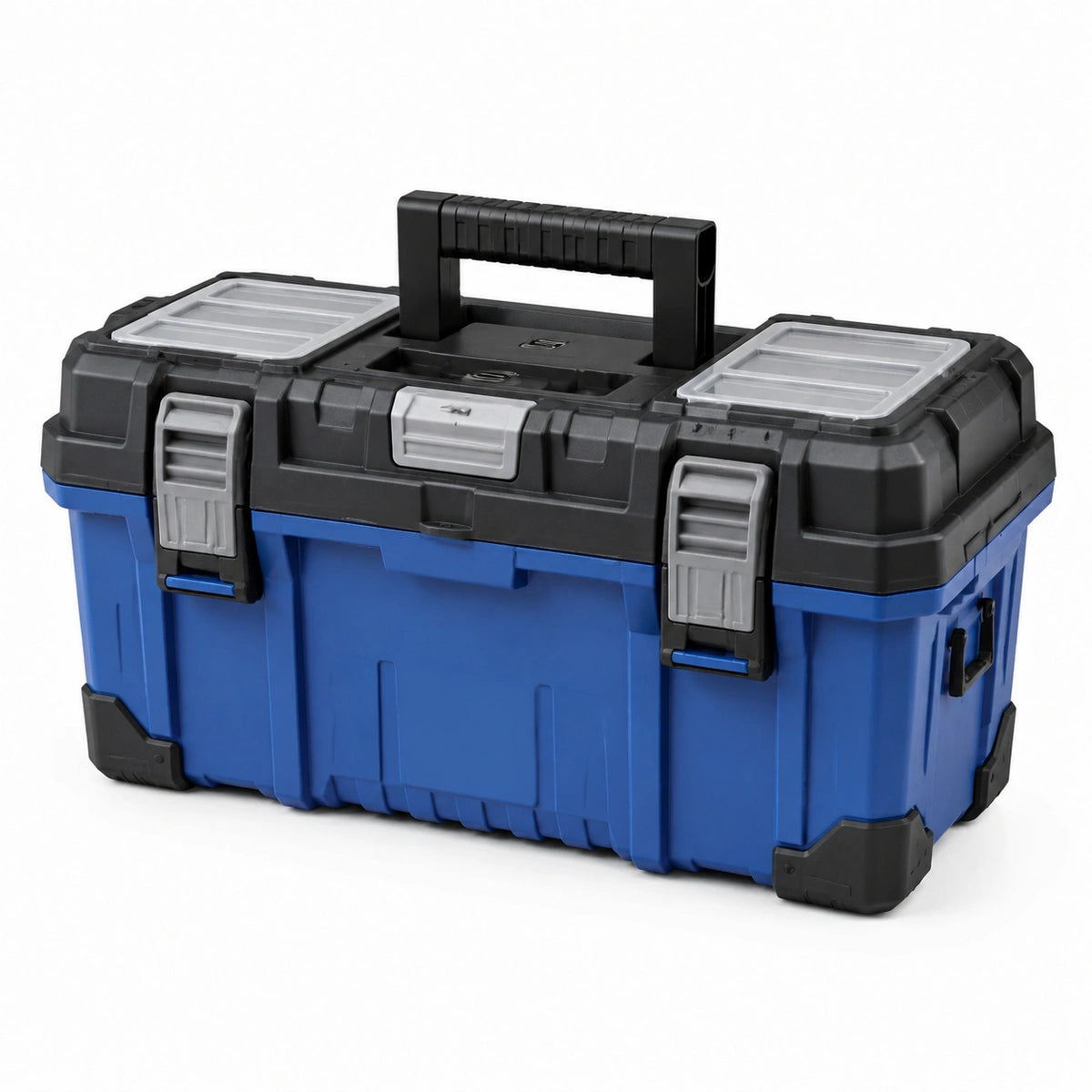 Werkzeugkoffer aus Kunststoff, 58 × 28 × 28 cm, Blau/Schwarz/Grau mit transparenten Sortierfächern