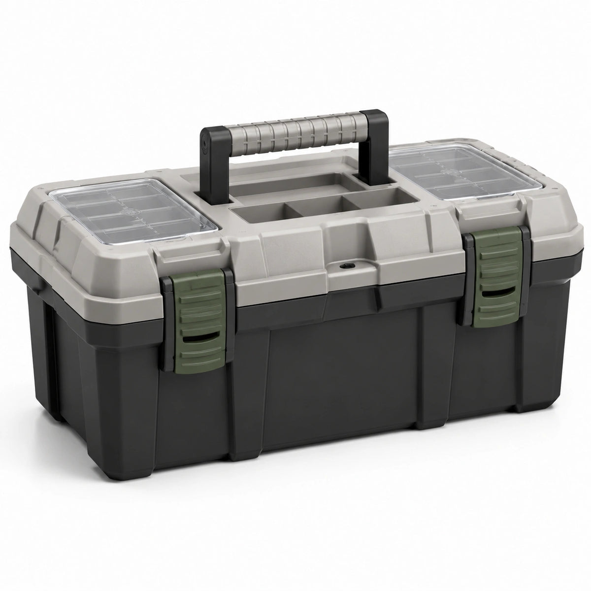 Kunststoff-Werkzeugkasten mit Organizer und Tragegriff, 56 × 30 × 28 cm, Grau/Schwarz/Grün