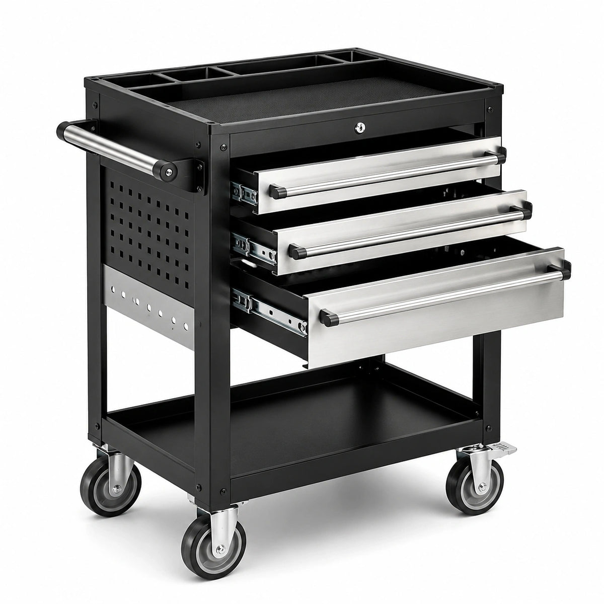 Werkstattwagen aus Stahl, 76 × 46 × 86 cm, Schwarz/Silber, mit 3 Schubladen und Rollen