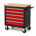 Werkzeugwagen 77 × 46 × 97 cm aus Stahl in Schwarz/Rot mit Naturholz-Arbeitsplatte und 5 Schubladen