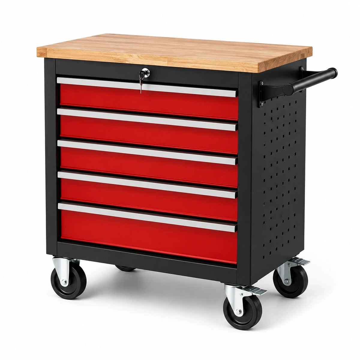 Werkzeugwagen 77 × 46 × 97 cm aus Stahl in Schwarz/Rot mit Naturholz-Arbeitsplatte und 5 Schubladen