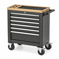 Werkzeugwagen 100 × 50 × 95 cm aus Stahl und Holz in Schwarz/Natur/Silber mit 7 Schubladen und Rollen