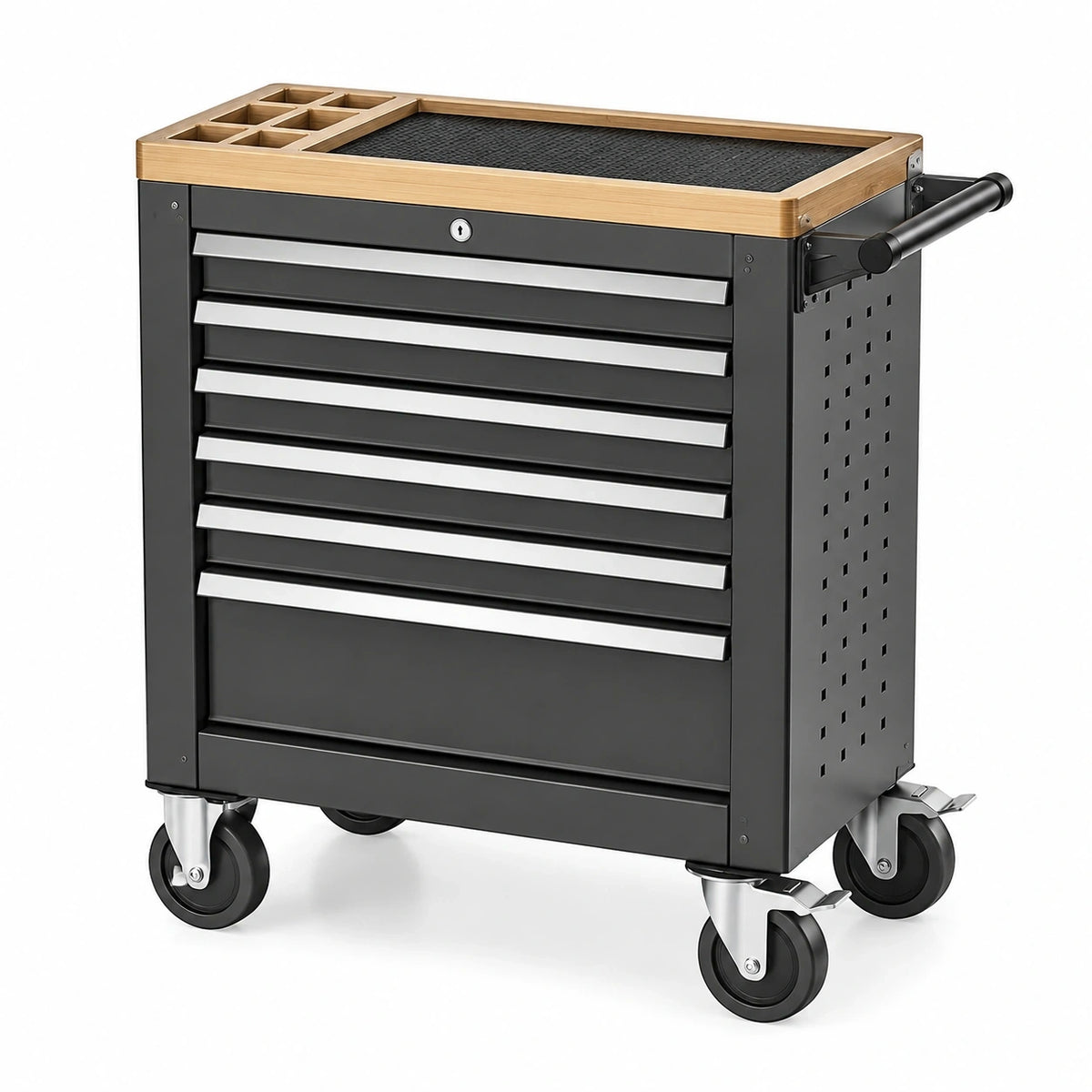 Werkzeugwagen 100 × 50 × 95 cm aus Stahl und Holz in Schwarz/Natur/Silber mit 7 Schubladen und Rollen