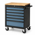 Werkzeugwagen aus Stahl und Holz, 77 × 46 × 97 cm, Schwarz/Blau/Naturholz, 8 Schubladen und Rollen
