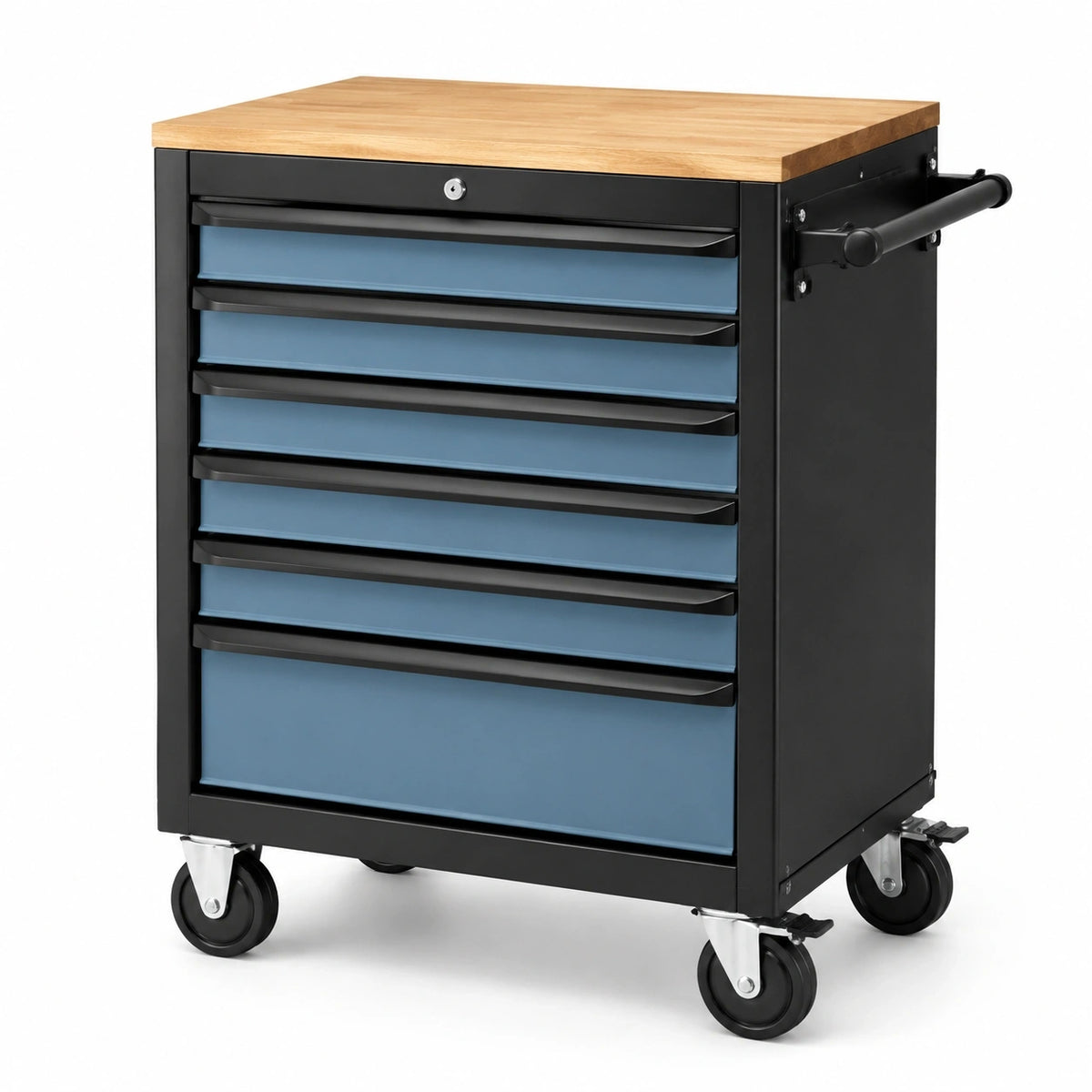 Werkzeugwagen aus Stahl und Holz, 77 × 46 × 97 cm, Schwarz/Blau/Naturholz, 8 Schubladen und Rollen