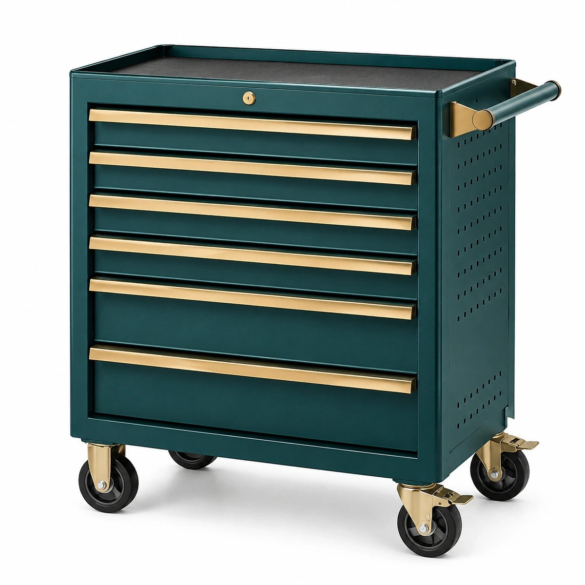 Stahl-Werkzeugwagen mit 6 Schubladen und Rollen, 80 × 45 × 95 cm, Dunkelgrün/Gold/Schwarz