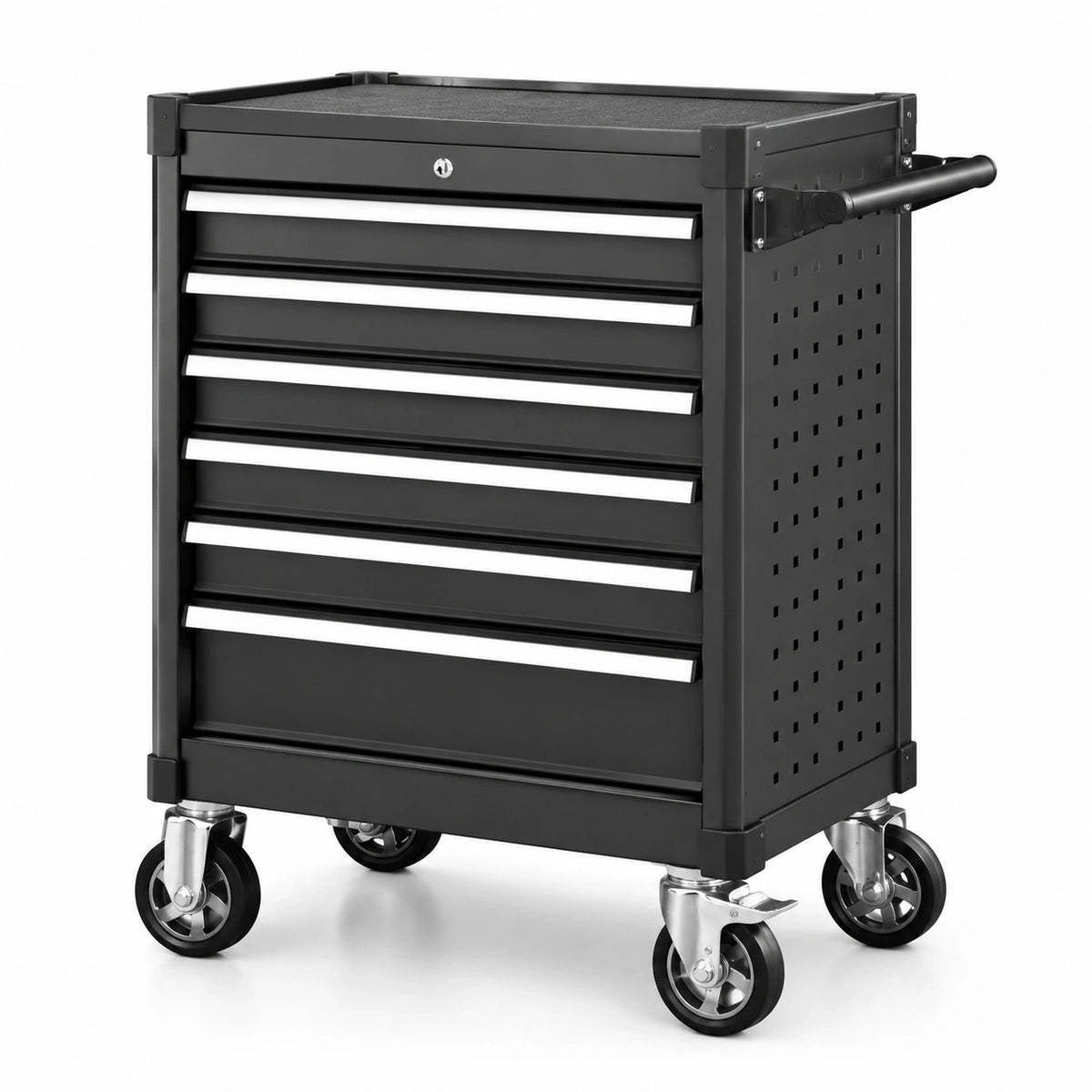 Stahl-Werkstattwagen Schwarz/Silber, 77 × 46 × 97 cm, mit 7 Schubladen und Rollen