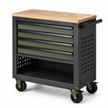 Werkstattwagen 80 × 45 × 90 cm aus Stahl und Holz mit 5 Schubladen, Schwarz/Olivgrün/Naturholz