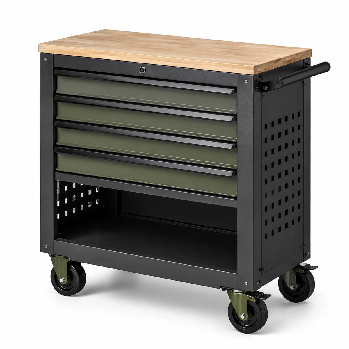 Werkstattwagen 80 × 45 × 90 cm aus Stahl und Holz mit 5 Schubladen, Schwarz/Olivgrün/Naturholz